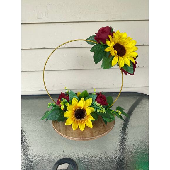 Sunflower & Rose Hoop Centerpiece Wreath | Modern Farmhouse Fall Decor - Picture 2 of 9